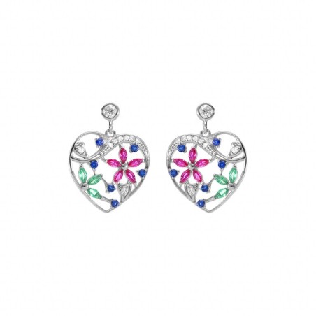 Boucles d'oreilles argent rhodié coeur avec fleurs oxydes couleurs - bijouterie haillot la seyne sur mer