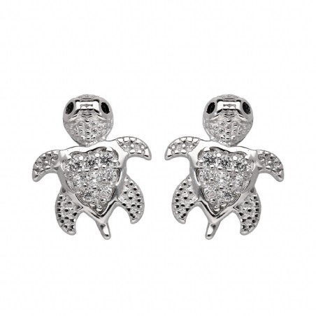 BOUCLES D'OREILLES TIGE ARGENT RHODIÉ TORTUE OXYDES BLANCS SERTIS - bijouterie haillot la seyne sur mer