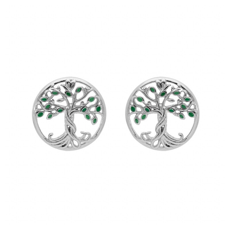 Boucles d'oreilles tige argent rhodié arbre de vie résine verte - bijouterie haillot la seyne sur mer