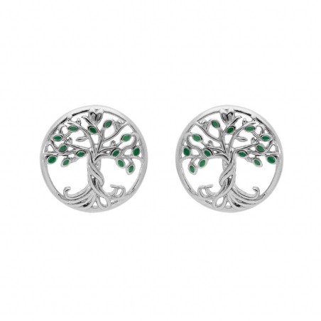 Boucles d'oreilles tige argent rhodié arbre de vie résine verte - bijouterie haillot la seyne sur mer