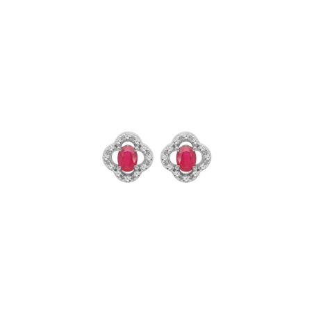 Boucles d'oreilles tige argent rhodié forme fleur rubis véritable - bijouterie haillot la seyne sur mer