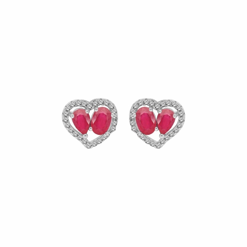Boucles d'oreilles puces en argent rhodié 2 rubis véritables contour forme cœur topazes blanches serties
