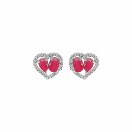 Boucles d'oreilles puces en argent rhodié 2 rubis véritables contour forme cœur topazes blanches serties