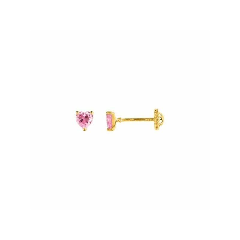 Puces d'oreilles coeur en or jaune et oxyde de zirconium rose - bijouterie haillot la seyne sur mer