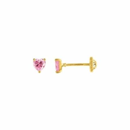 Puces d'oreilles coeur en or jaune et oxyde de zirconium rose - bijouterie haillot la seyne sur mer