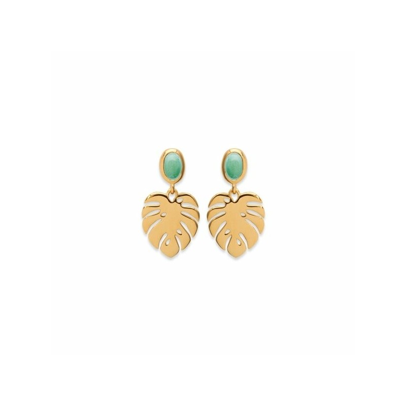 Boucles d'oreilles feuille en plaqué or et aventurine - bijouterie haillot la seyne sur mer