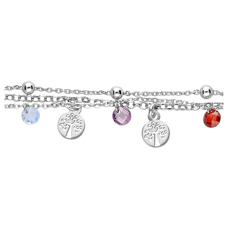 Bracelet argent rhodié 3 rangs pampilles abre de vie et pierres synthetique multi couleurs 15+3cm