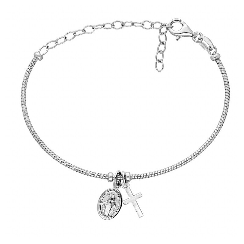 Bracelet argent rhodié semi rigide pampilles croix et miraculeuse réglable - bijouterie haillot la seyne sur mer
