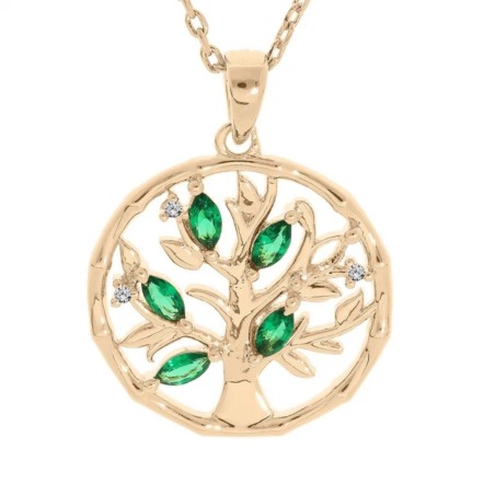 COLLIER PLAQUÉ OR PENDENTIF ARBRE DE VIE OXYDES VERTS - Bijouterie Haillot La Seyne Six Fours 83