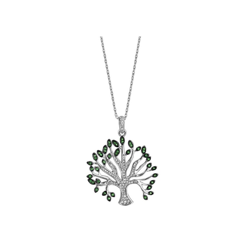 Collier argent rhodié massif arbre de vie oxydes blancs et verts sertis 40+5cm - Bijouterie Haillot La Seyne Six Fours 83