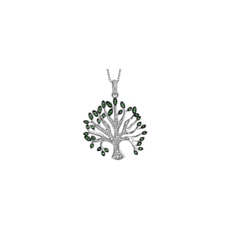 Collier argent rhodié massif arbre de vie oxydes blancs et verts sertis 40+5cm - Bijouterie Haillot La Seyne Six Fours 83