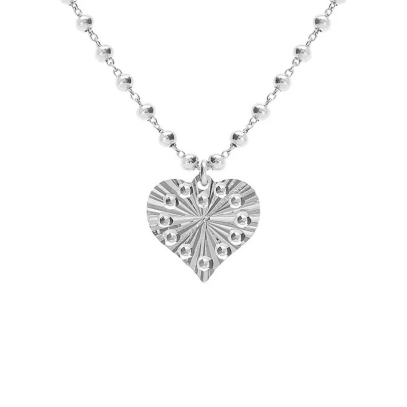 COLLIER ARGENT RHODIÉ CHAINE BOULES PENDENTIF COEUR MARTELÉ 40+5CM - Bijouterie Haillot La Seyne Six Fours 83