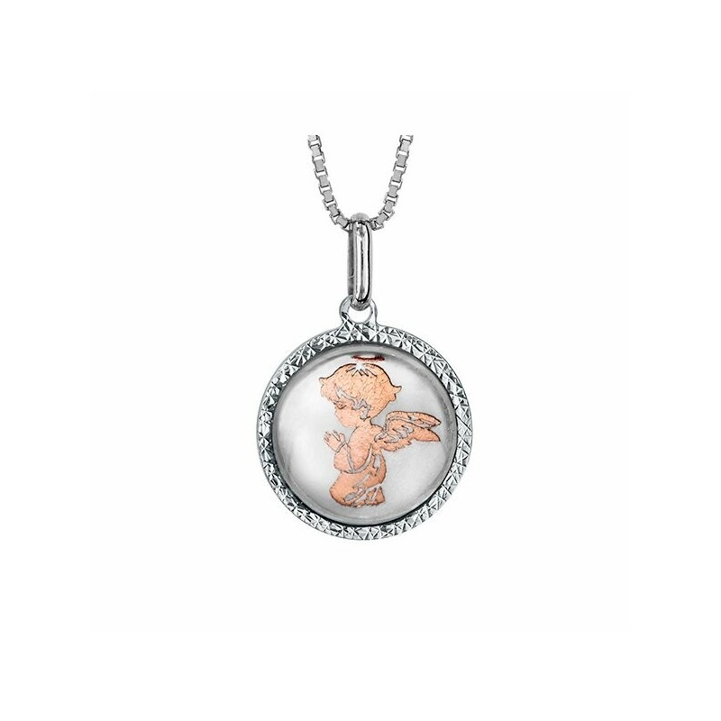Collier argent rhodié pendentif rond nacre blanche ange dorure rose 42+3cm - Bijouterie Haillot La Seyne Sur Mer Six Fours 83