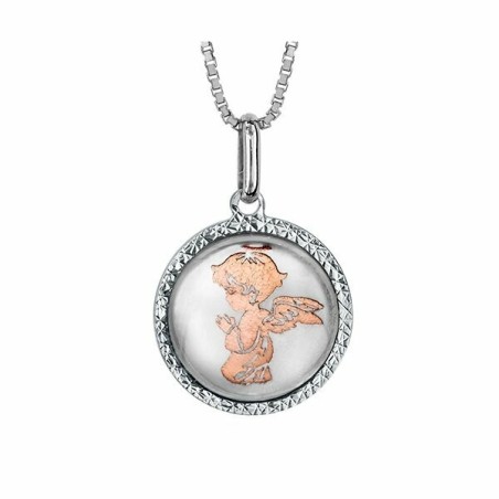 Collier argent rhodié pendentif rond nacre blanche ange dorure rose 42+3cm - Bijouterie Haillot La Seyne Sur Mer Six Fours 83