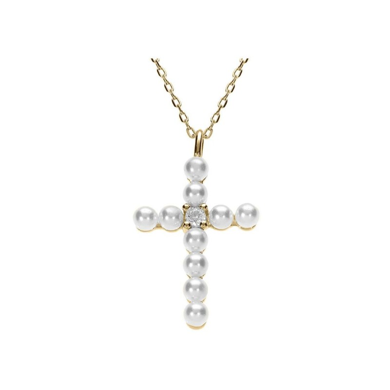 Collier croix en argent doré, perle et oxydes de zirconium - Bijouterie Haillot La Seyne Sur Mer Six Fours 83