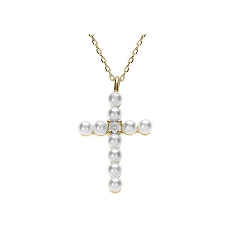 Collier croix en argent doré, perle et oxydes de zirconium - Bijouterie Haillot La Seyne Sur Mer Six Fours 83