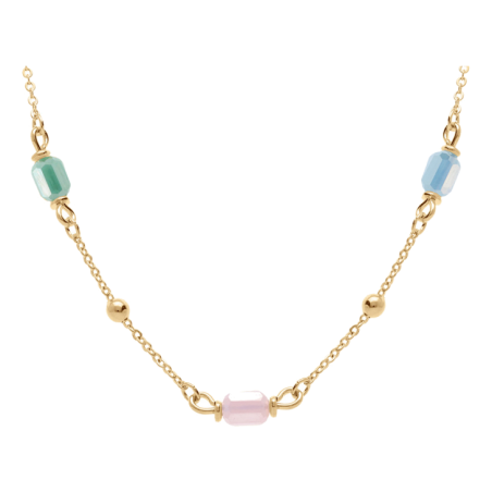 Collier en plaqué or 4 pierres cylindres bleu, rose et blanc