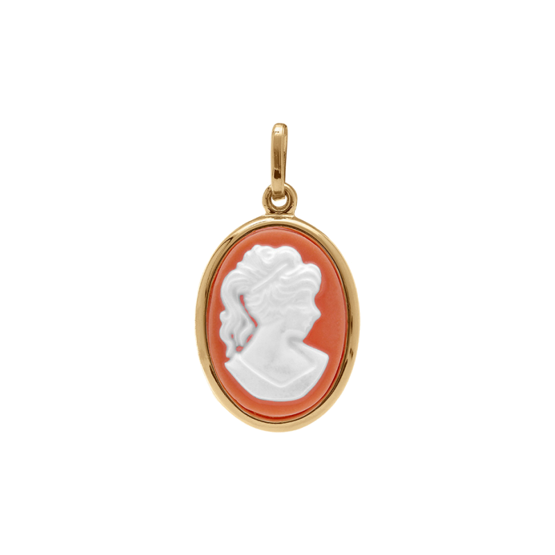 Pendentif camée ovale en plaqué or et résine rose 
