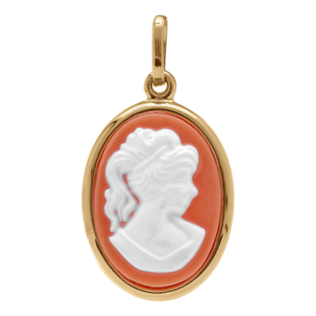 Pendentif camée ovale en plaqué or et résine rose 