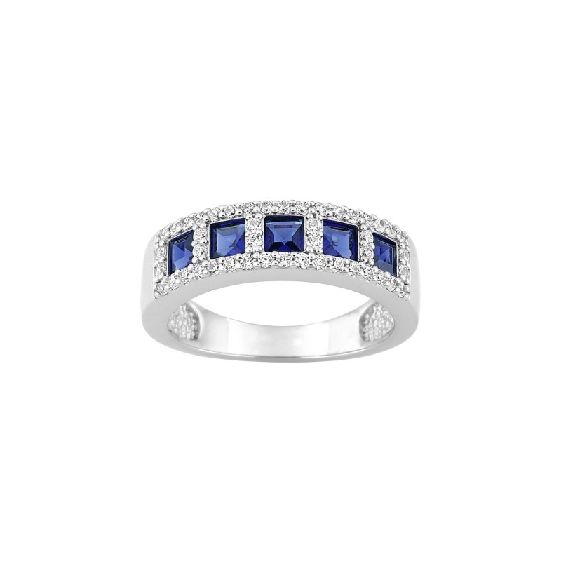 Bague en argent rhodié et oxyde de zirconium bleu et blanc
