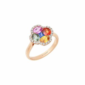 Bague en or rose trèfle de la collection Rainbow de Paris Vendome avec des saphirs et diamants